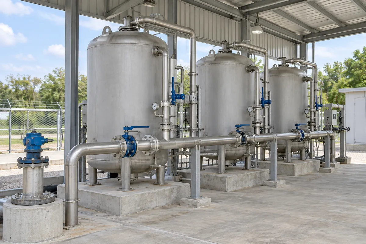 Üstü kapalı açık alanda basınçlı filtre tankları ve kuyu başı bağlantısını gösteren temsili görsel